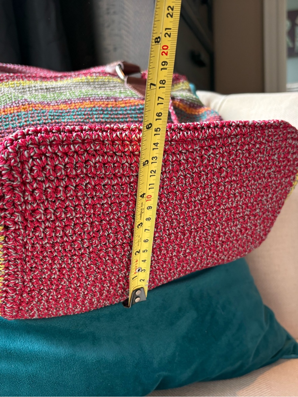 The Sak Crochet Knit Multicolor Tote Shoulder Bag Boho Striped Large Zip Top - Picture 4 of 10